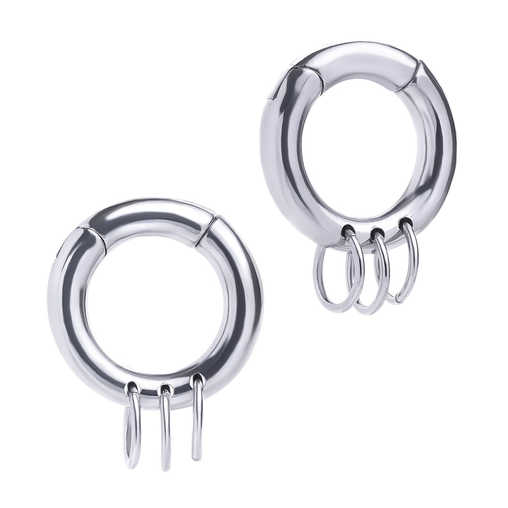 Triple Ring Silver Steel Hoop Earring Hangers (Pair) - Pair of Triple Ring Silver Steel Hoop Ear Weights For Stretched Ears