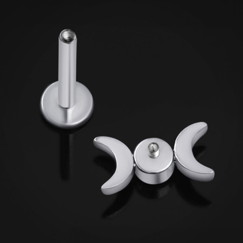 Piercing labret, argent, double croissant de lune avec pierre, filetage interne, titane, calibre 1,2 mm
