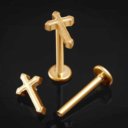 ASTM F136 Titanium Gold Cross Flat Back Labret Stud