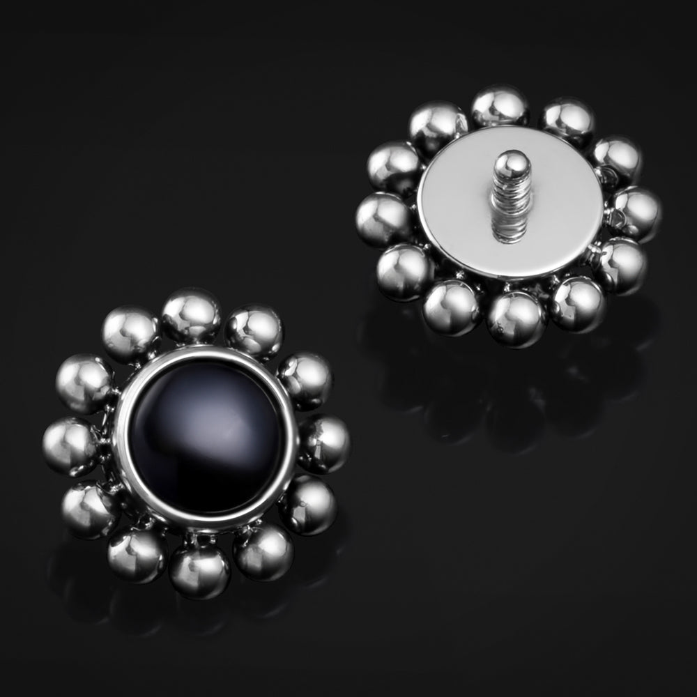 Labret Top, Silver, Obsidian Stone, Beaded Cluster, Internally Threaded, Titanium - ASTM F136 Titanium Internally Threaded Labret Top for Nose / Ear / Lip Piercings