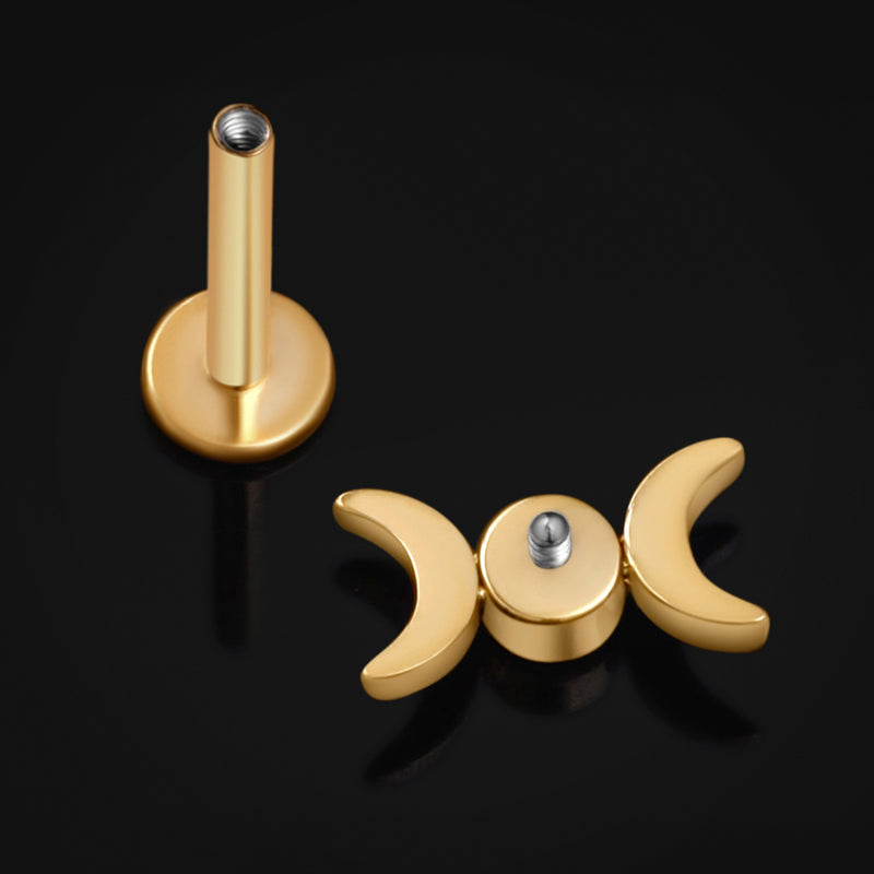 Piercing labret, or, double croissant de lune avec pierre, filetage interne, titane, calibre 1,2 mm