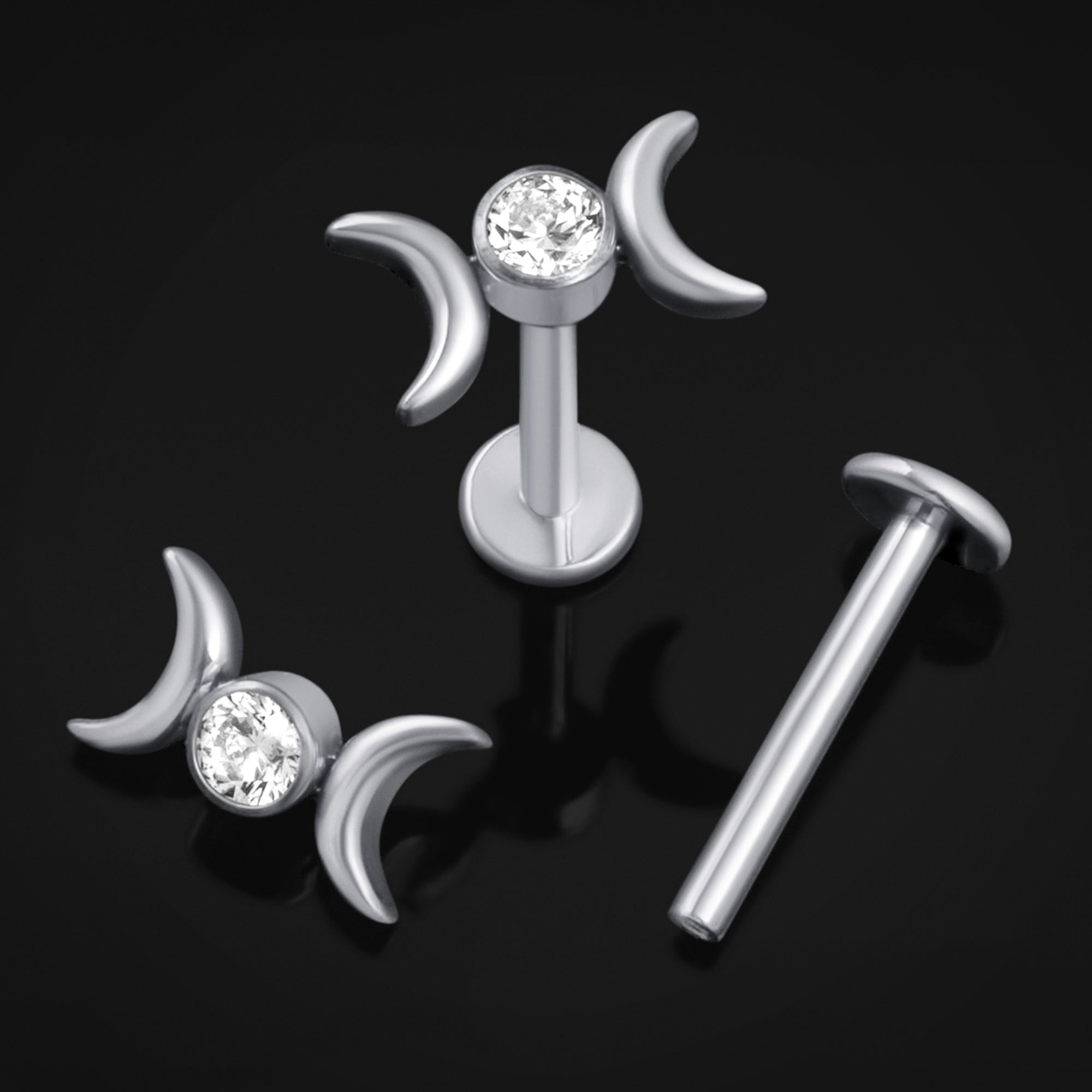 Labret Stud, Silver, Double Crescent Moon with Jewel, Internally Threaded, Titanium, 1.2mm Gauge