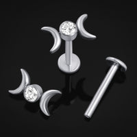 Piercing labret, argent, double croissant de lune avec pierre, filetage interne, titane, calibre 1,2 mm