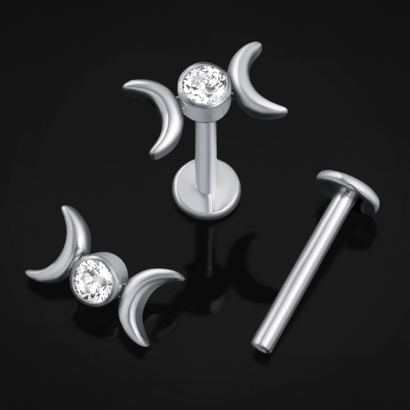 Piercing labret, argent, double croissant de lune avec pierre, filetage interne, titane, calibre 1,2 mm