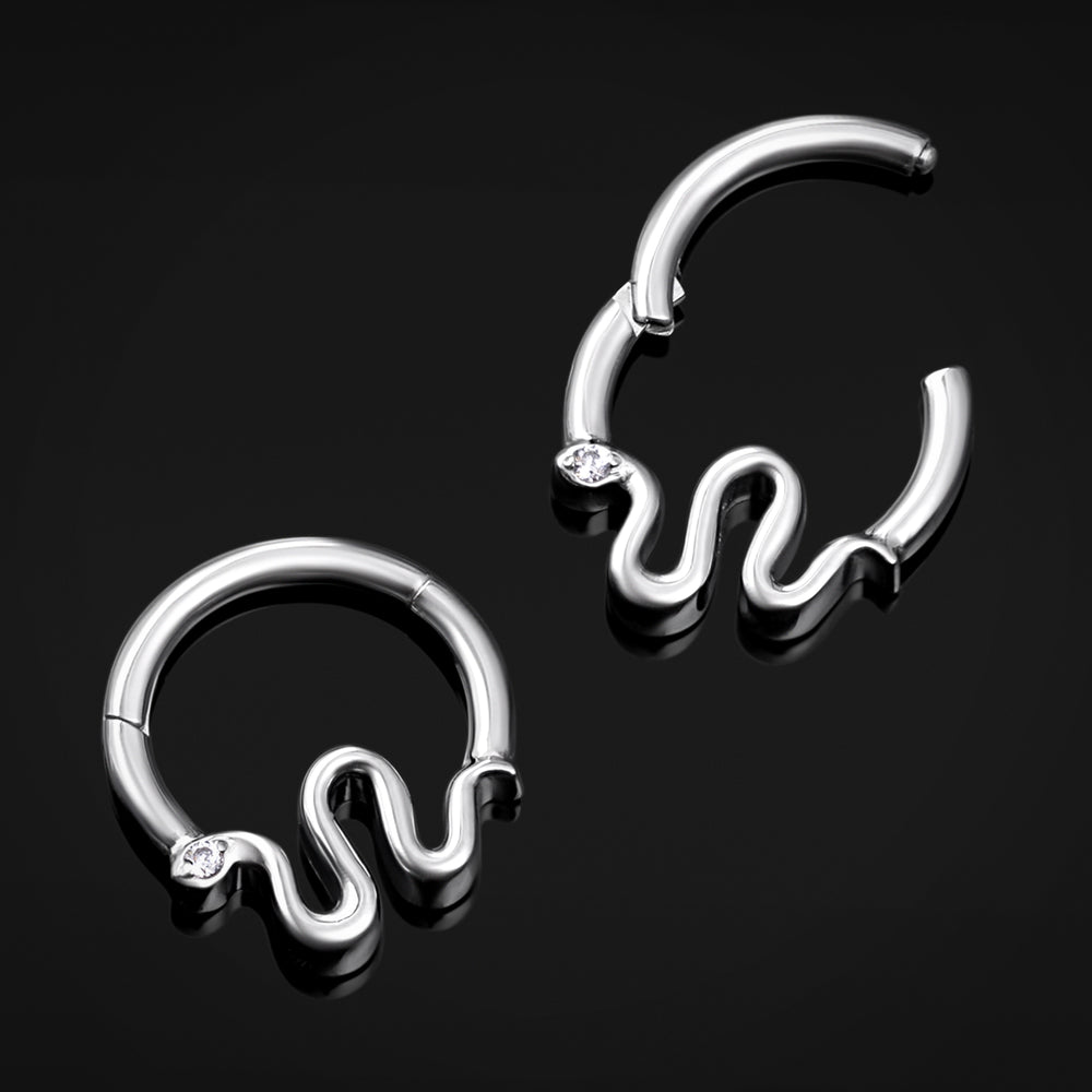 Silver Jewelled Snake ASTM F136 Titanium Segment Clicker Septum Nose Ring - ASTM F136 Titanium Hinged Silver Jewelled Snake Segment Ring for Nose / Septum 1.2mm 