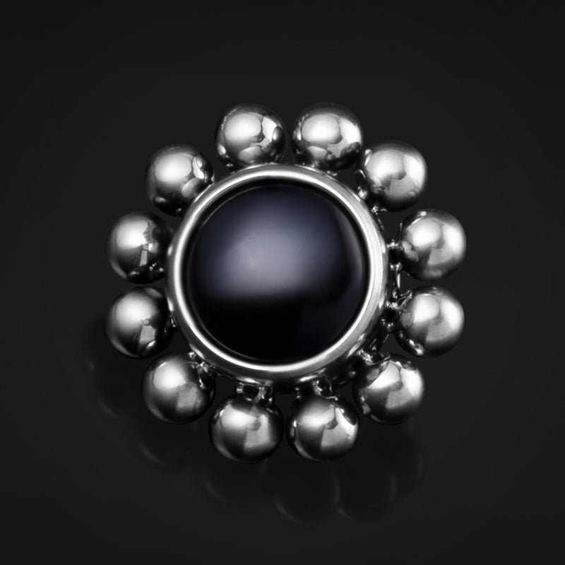 Embout de labret, argent, pierre d’obsidienne, grappe de perles, filetage interne, titane
