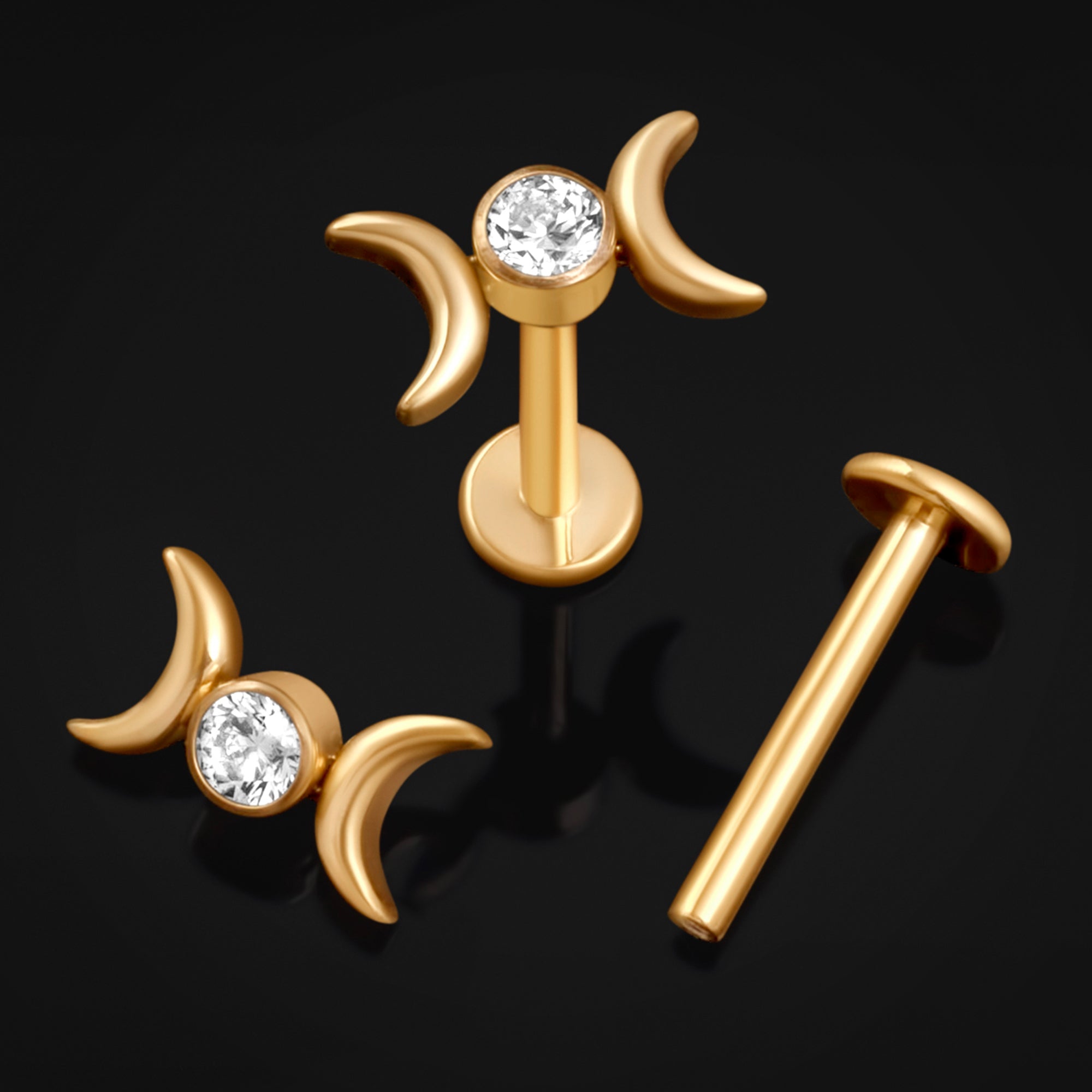 Labret Stud, Gold, Double Crescent Moon with Jewel, Internally Threaded, Titanium, 1.2mm Gauge
