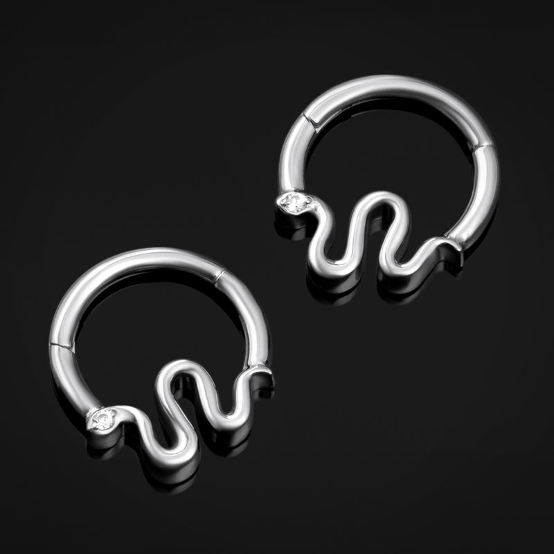 Piercing clicker pour septum, argenté, segment serpent serti de pierres, titane