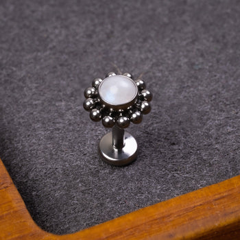 Silver, Opalite Stone, Medusa Stud, Internal Thread, ASTM F-136 Titanium