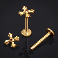Labret en titane fileté intérieurement avec croix sertie de pierres rouges dorées, calibre 1.2mm