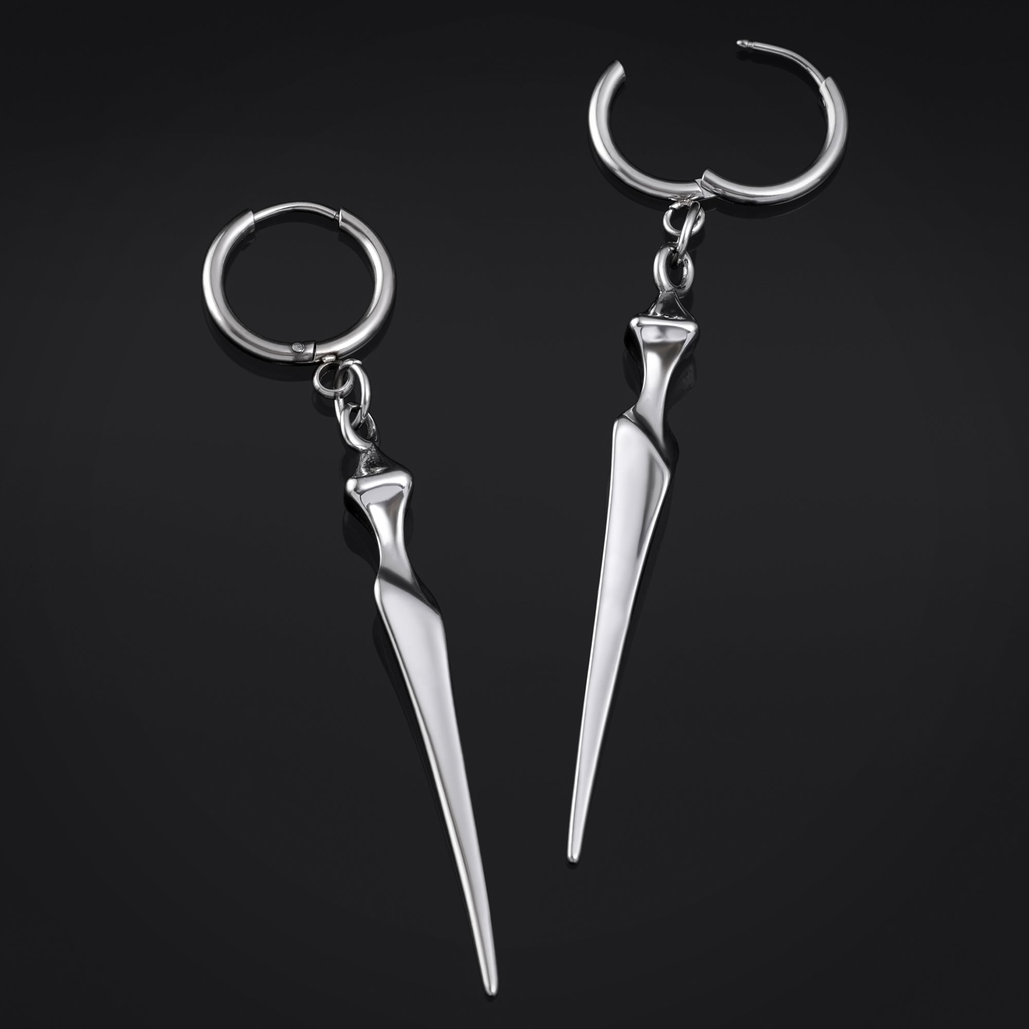 Huggie Hoop Earrings, Silver, Spiked Heart, Stainless Steel - Pair