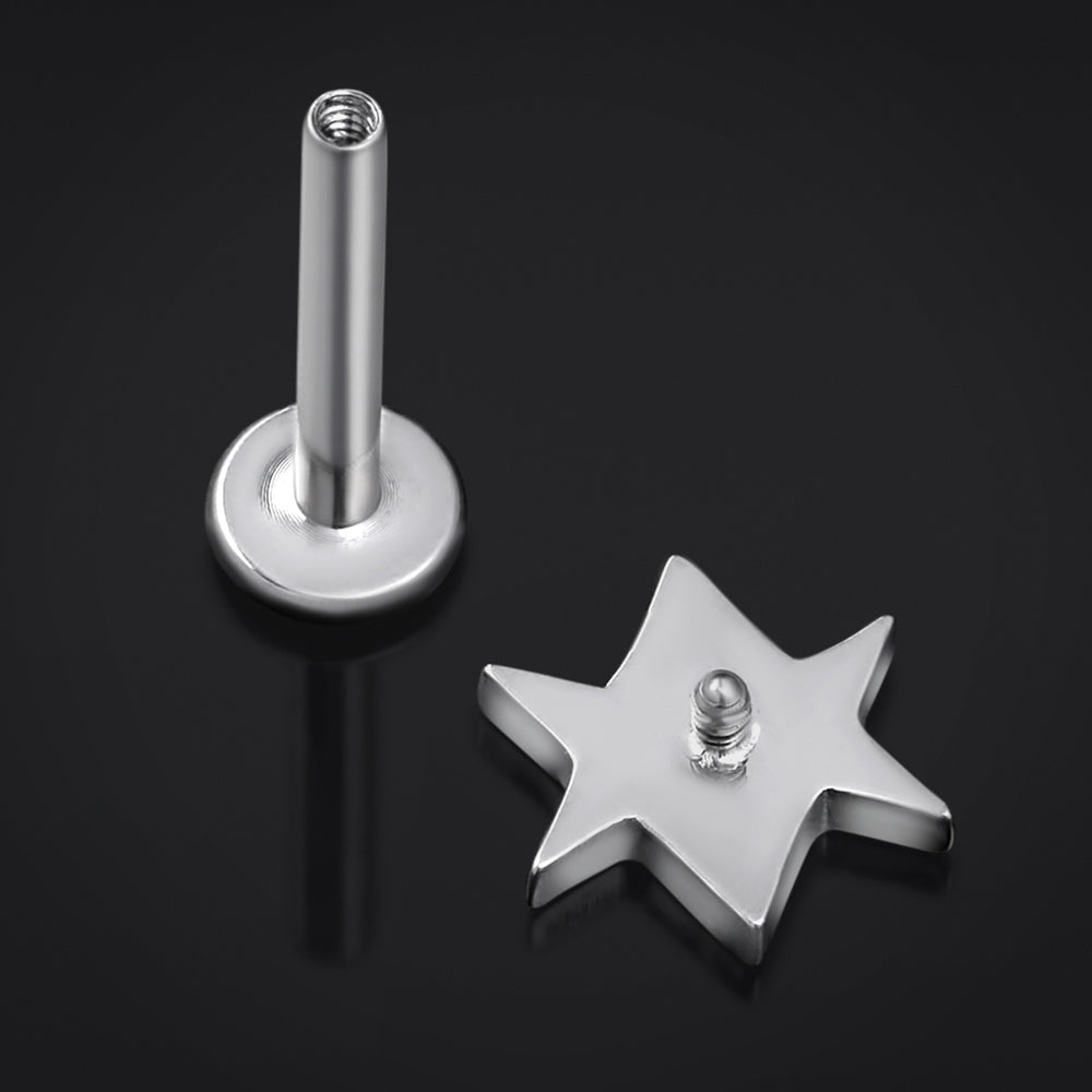 Silver Hexagram Internally Threaded Titanium Labret Stud 1.2mm Gauge - Silver Hexagram Labret Stud- 6mm / 8mm / 10mm Internally Threaded / Body Jewellery / Lip / Nose / Ear Labret