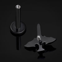 Labret en titane fileté intérieurement, aile de chauve-souris épée sertie de pierres noires, calibre 1,2 mm