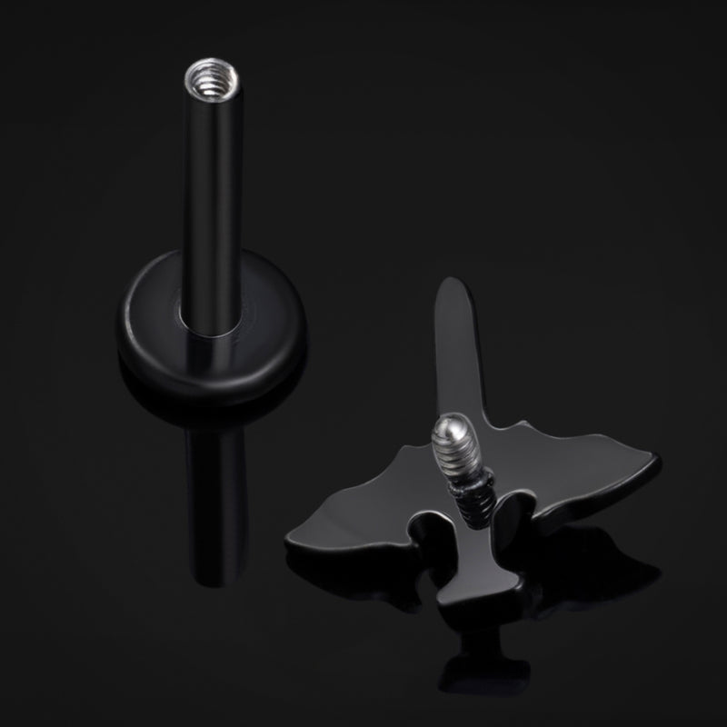 Labret en titane fileté intérieurement, aile de chauve-souris épée sertie de pierres noires, calibre 1,2 mm
