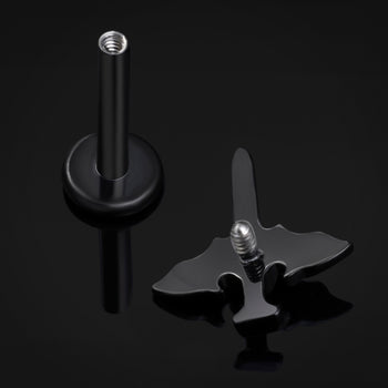 Black Jewelled Bat Wing Sword Labret Stud Internally Threaded Titanium 1.2mm Gauge
