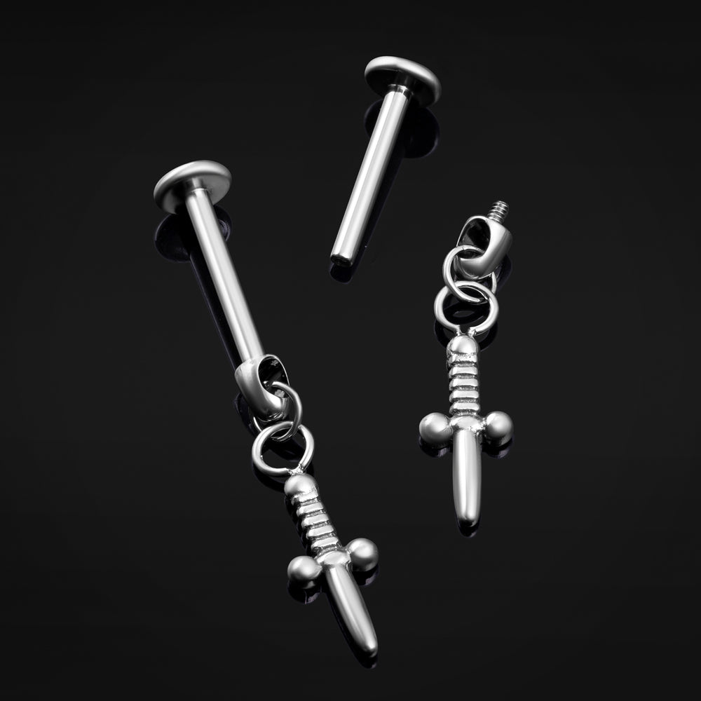 Titanium Internally Threaded Silver Sword Dangle Labret Stud 1.2mm Gauge - Internally Threaded Titanium Silver Sword Dangle Labret Piercing - 8mm/10mm Internally Threaded / Alternative Jewellery / Lip / Nose / Ear  