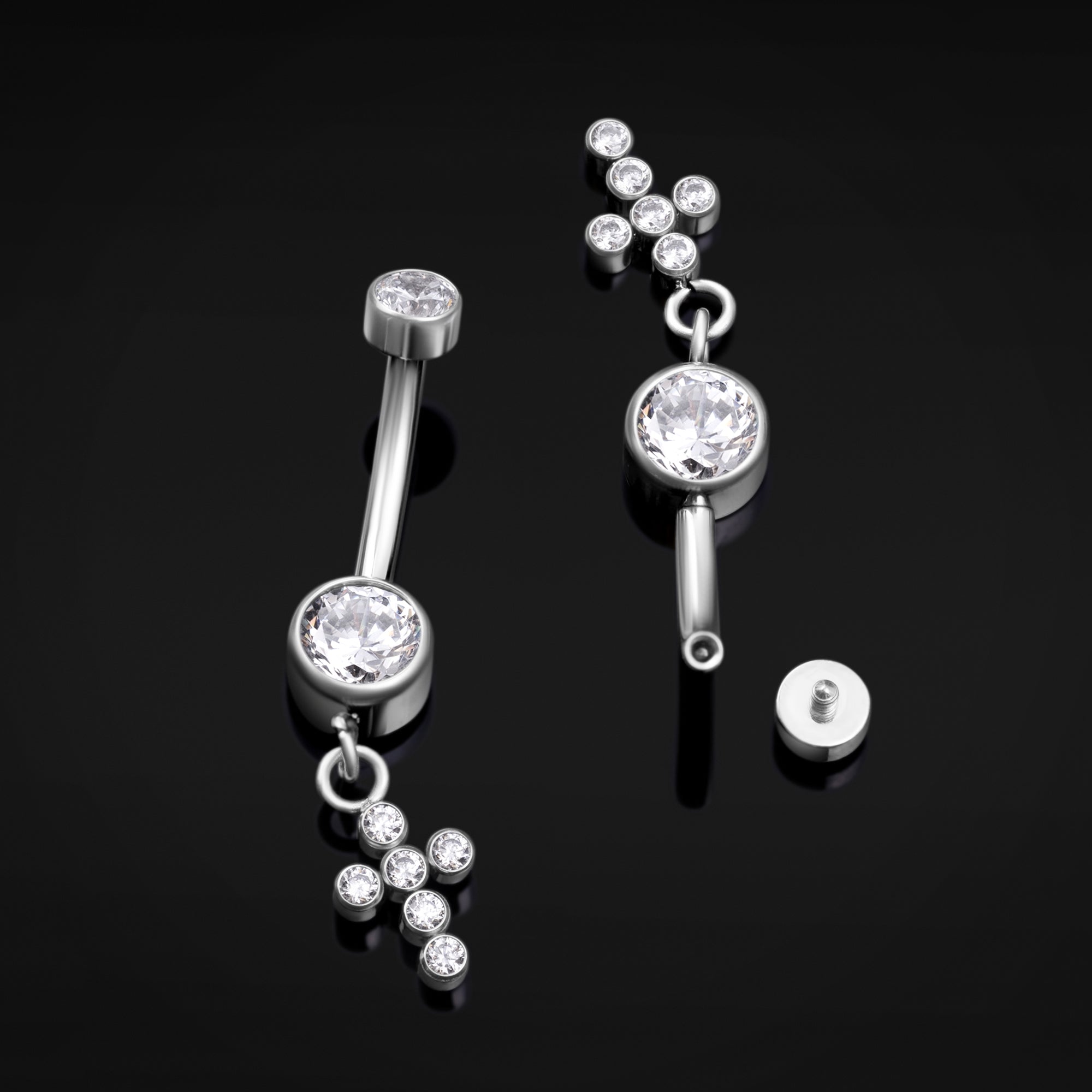 Dangle Belly Bar, Silver, Jewel Cross, Internal Thread, Titanium, 1.6mm