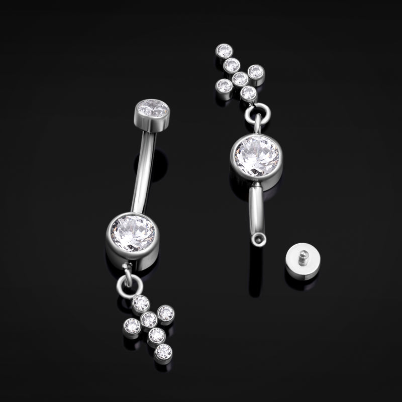 Dangle Belly Bar, Argenté, Croix sertie de strass, Filetage interne, Titane, 1,6 mm