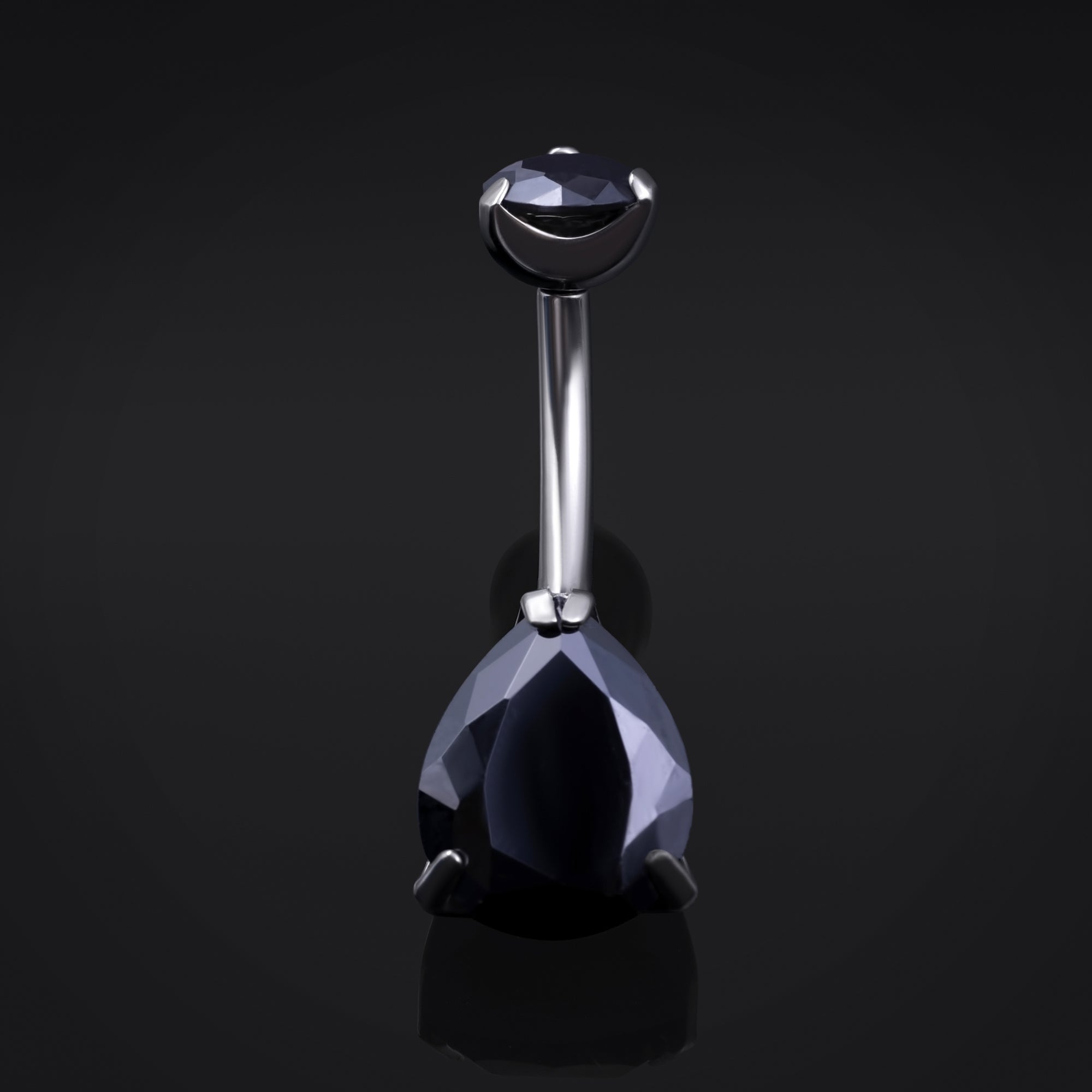 Belly Bar, Silver, Double Black CZ Teardrop Stone, Internal Thread, Titanium, 1.6mm Gauge