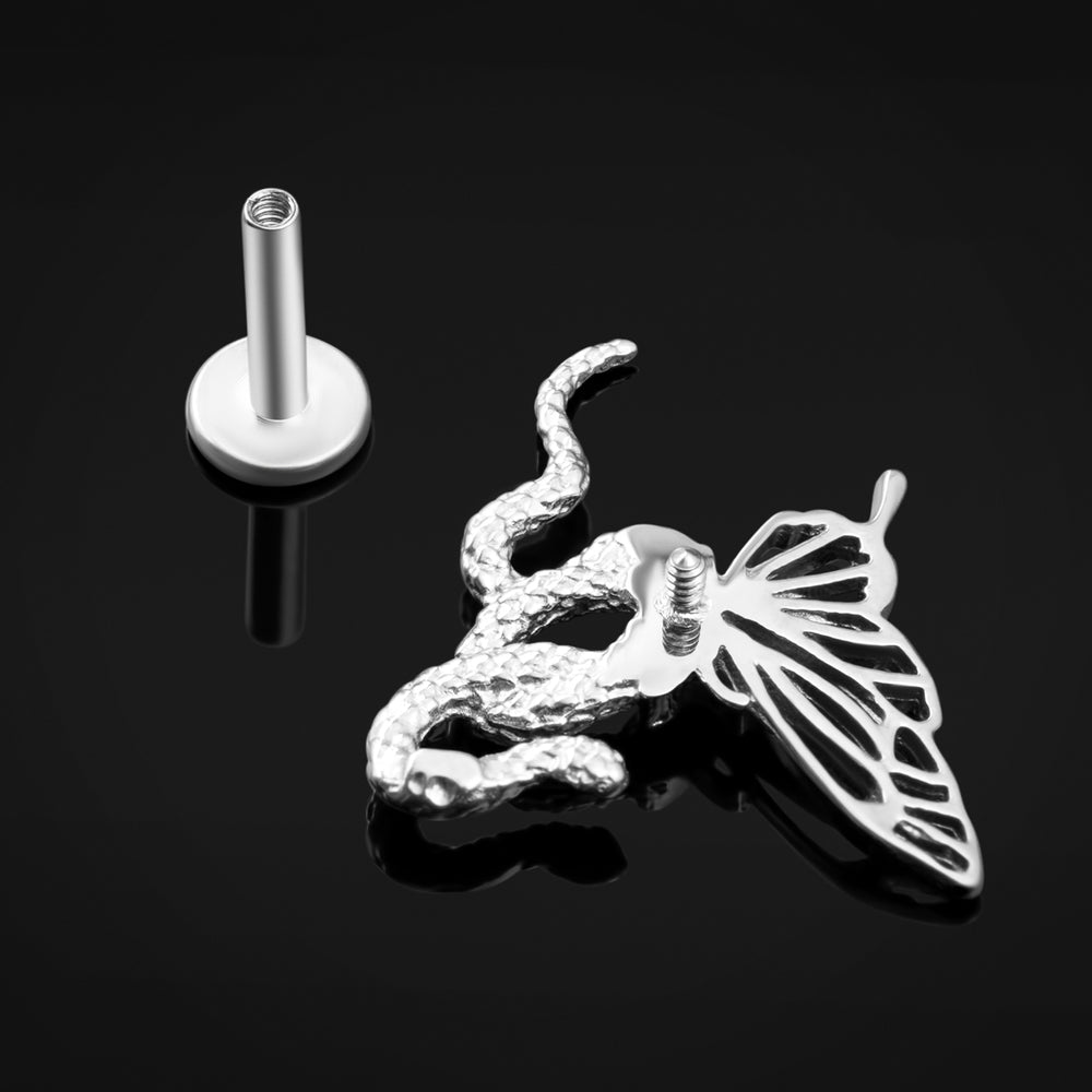 Titanium Internally Threaded Silver Split Butterfly Snake Labret Stud 1.2mm Gauge - Internally Threaded Titanium Silver Split Butterfly Snake Labret Piercing - 6mm Internally Threaded / Alternative Jewellery / Lip / Nose / Ear  