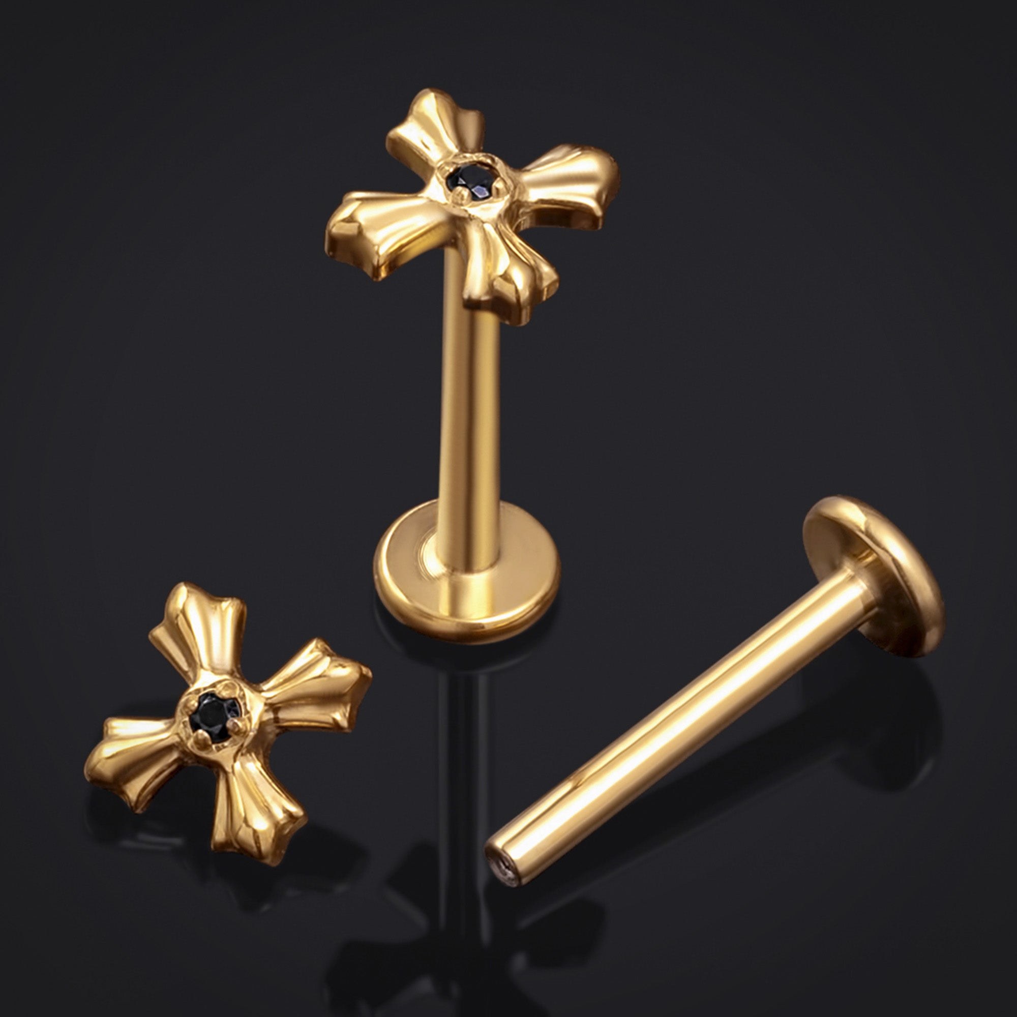 Gold Black Jewelled Cross Internally Threaded Titanium Labret Stud 1.2mm Gauge