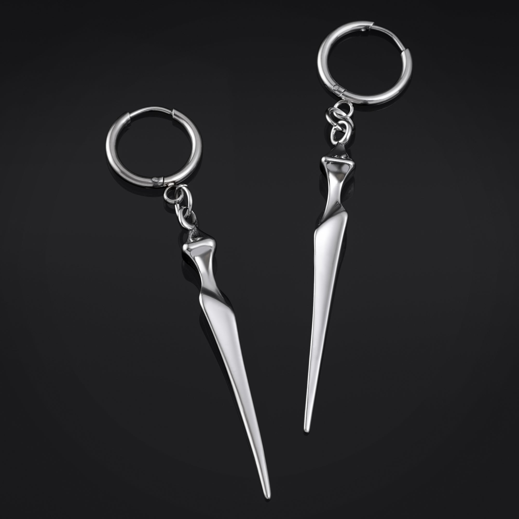 Hoop Earrings, Silver, Obelisk, Stainless Steel - Pair