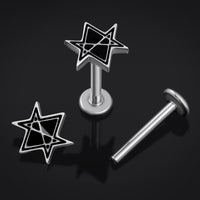 Piercing labret, argent, hexagramme, filetage interne, titane, calibre 1,2 mm