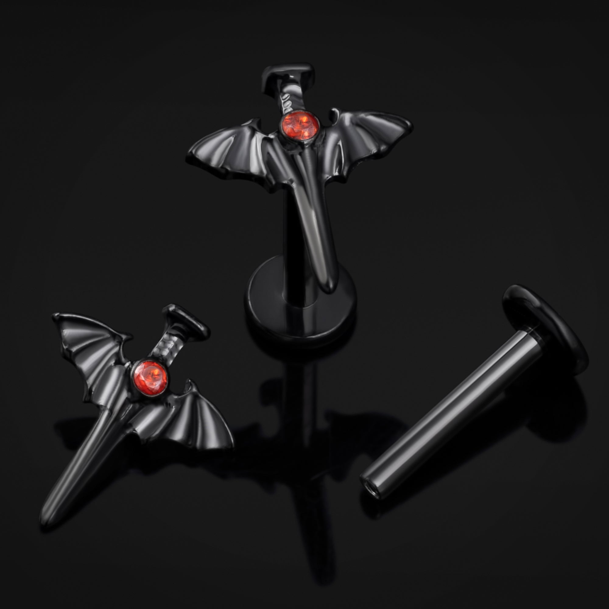Black Jewelled Bat Wing Sword Labret Stud Internally Threaded Titanium 1.2mm Gauge