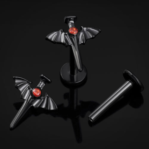 Black Jewelled Bat Wing Sword Labret Stud Internally Threaded Titanium 1.2mm Gauge
