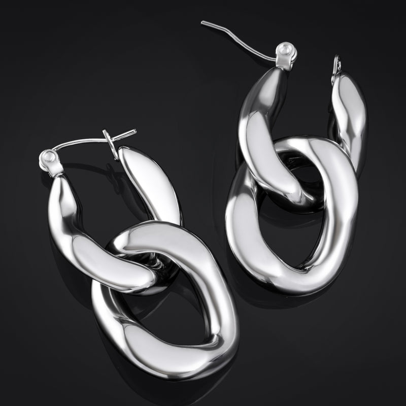 Boucles d'oreilles créoles argent, maillons de chaîne, acier inoxydable - paire