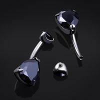 Barre pour nombril, argent, pierre en goutte CZ noire double, filetage interne, titane, calibre 1,6 mm