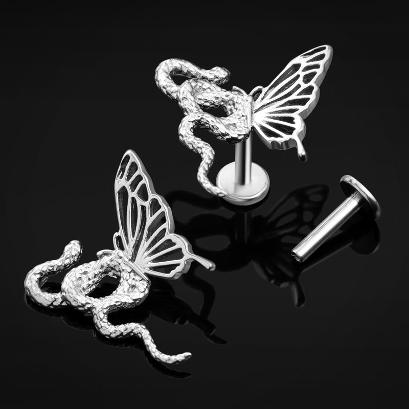 Labret à tige, argent, papillon et serpent, filetage interne, titane, 1,2 mm
