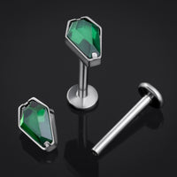 Titanium Internally Threaded Silver Coffin Labret Stud with Green Gem