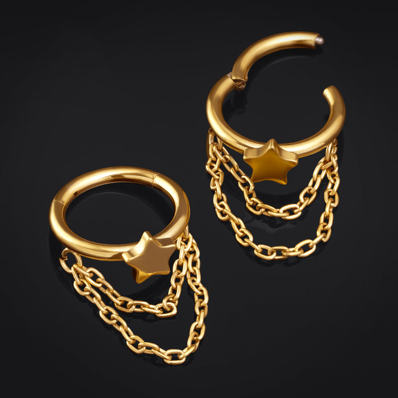 Bague Hélice Étoile à Double Chaîne, Dorée, Titane ASTM F136