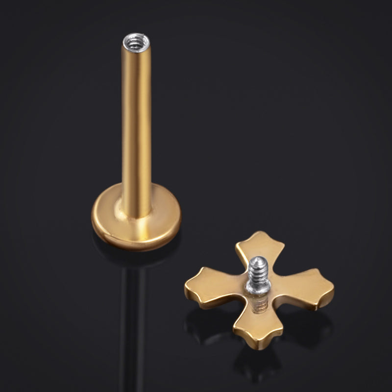 Labret en titane fileté interne, croix sertie de pierres noires et dorées, calibre 1,2 mm