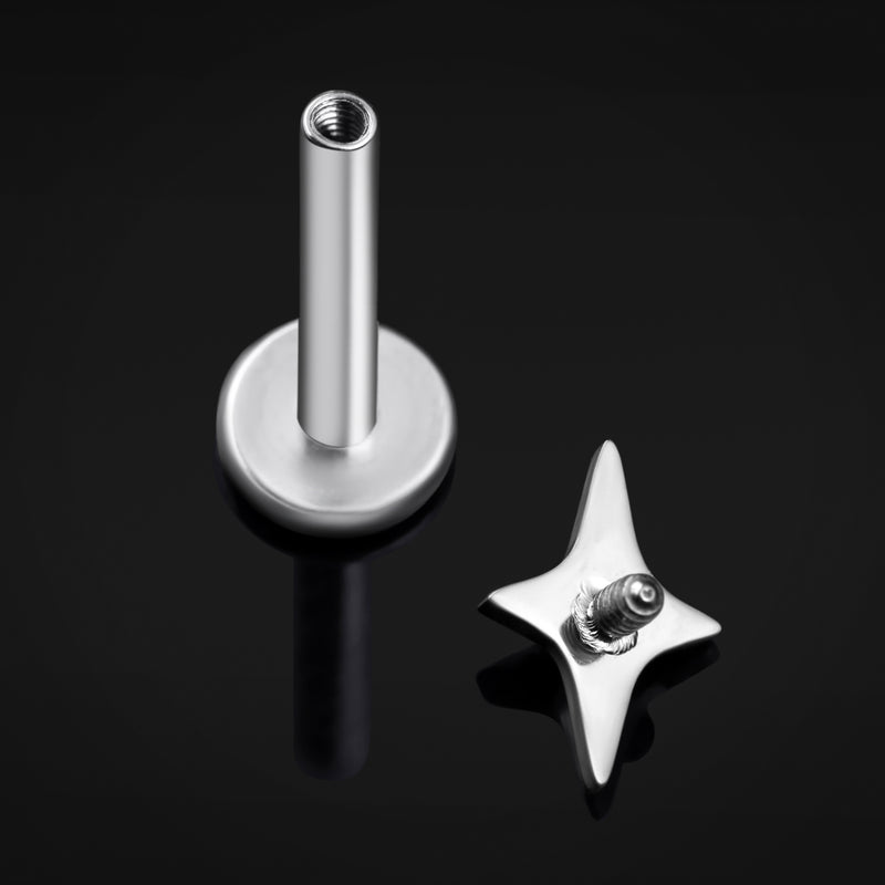 Labret-Stecker, Silber, vierzackiger Stern, Innengewinde, Titan, 1,2mm