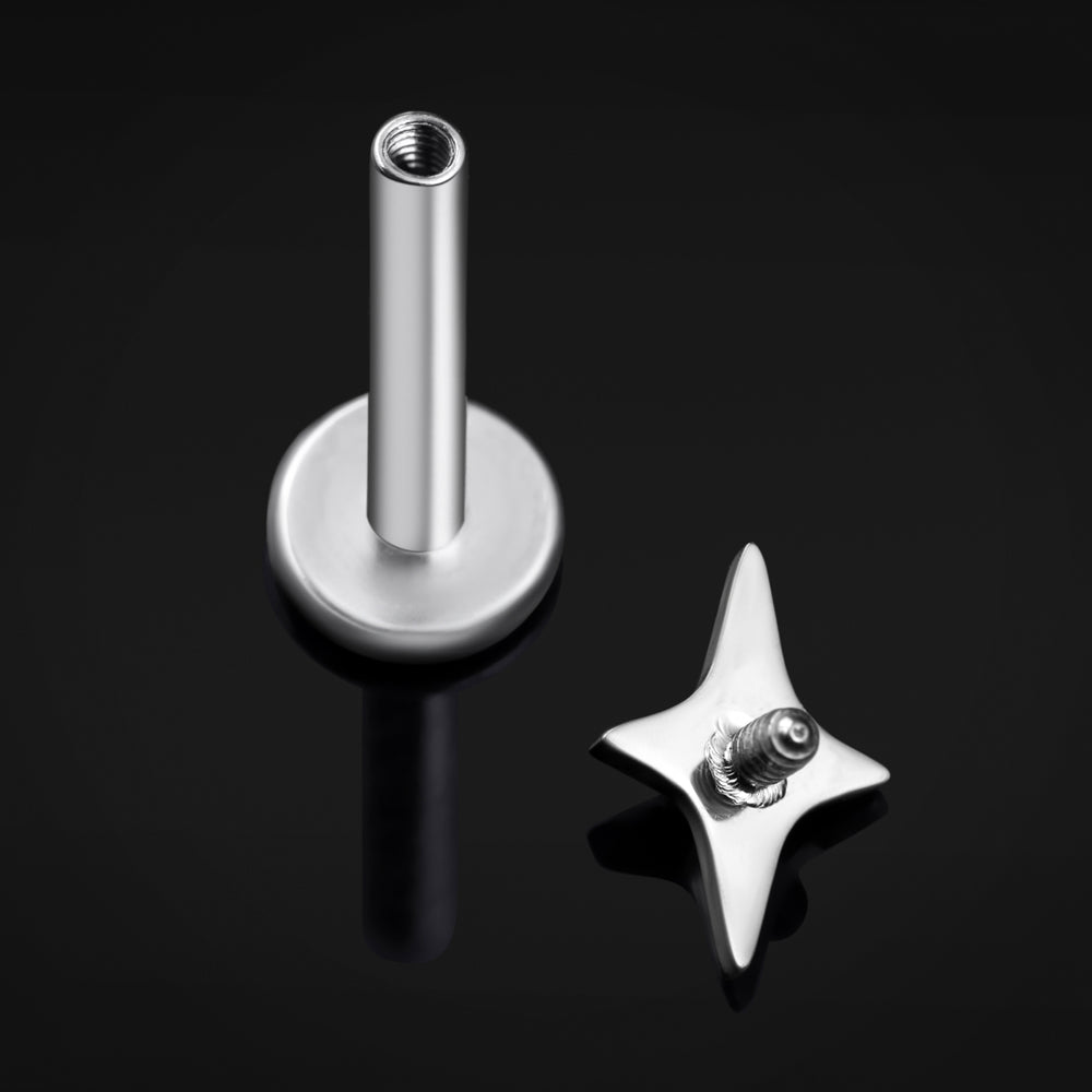 Titanium Internally Threaded Silver Four Pointed Star Labret Stud 1.2mm Gauge - Internally Threaded Titanium Silver Four Pointed Star Labret Piercing - 8mm/10mm Internally Threaded / Alternative Jewellery / Lip / Nose / Ear  
