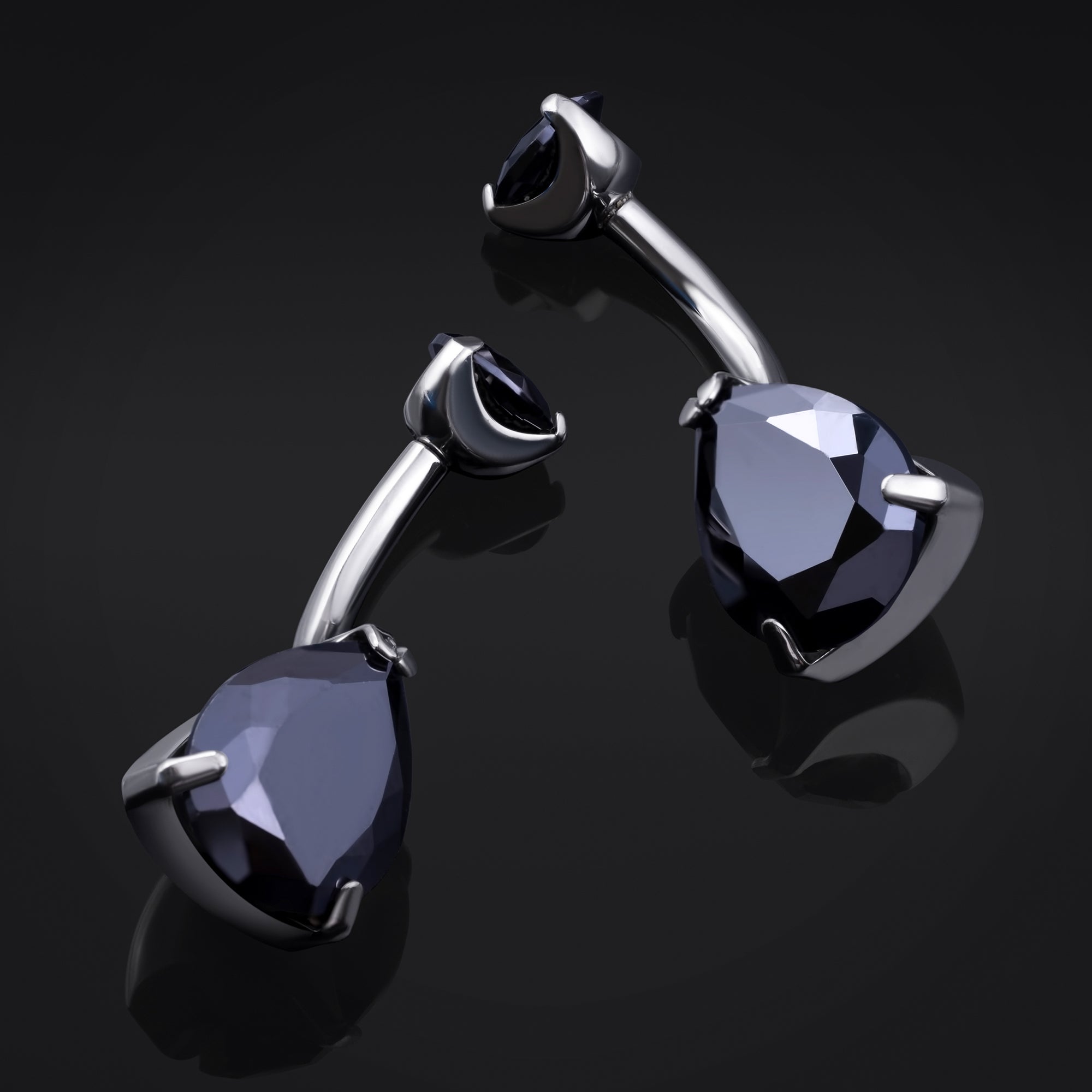 Belly Bar, Silver, Double Black CZ Teardrop Stone, Internal Thread, Titanium, 1.6mm Gauge