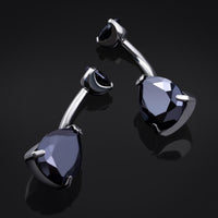 Barre pour nombril, argent, pierre en goutte CZ noire double, filetage interne, titane, calibre 1,6 mm