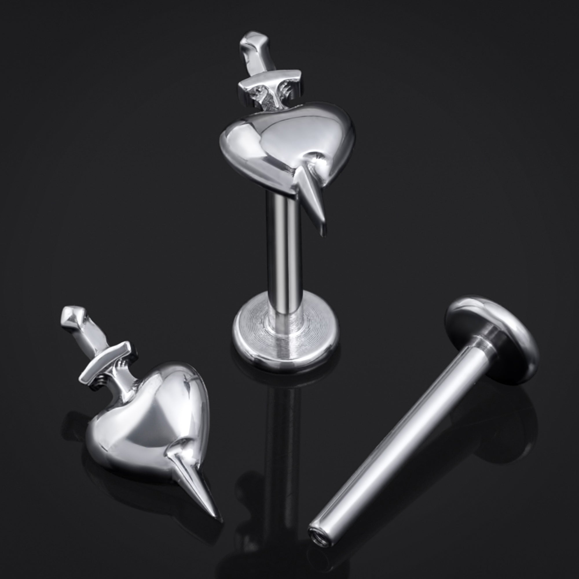 Silver, Sword Heart, Internally Threaded, Labret Stud, ASTM F136 Titanium, 1.2mm