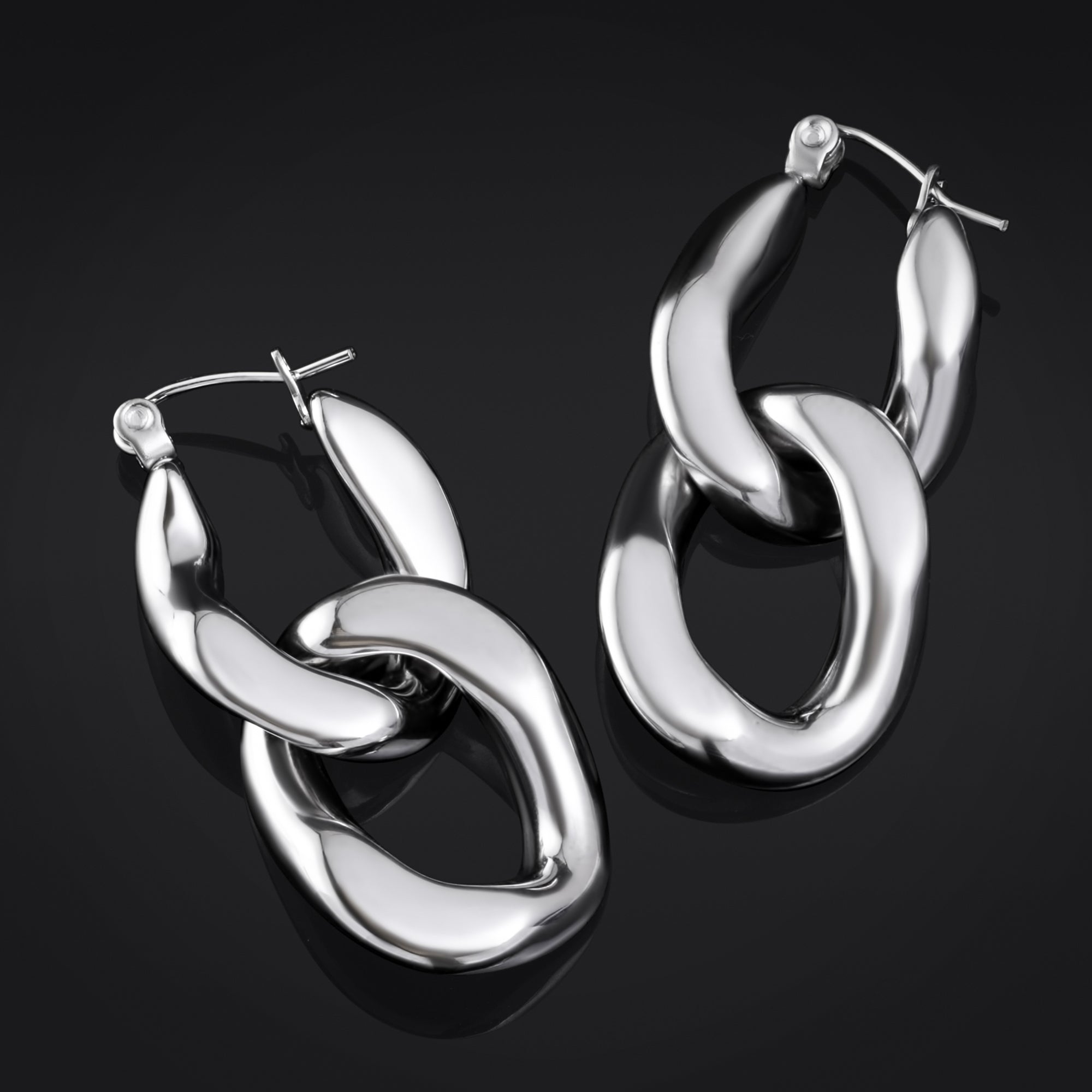 Hoop Earrings, Silver, Chain Link, Stainless Steel - Pair