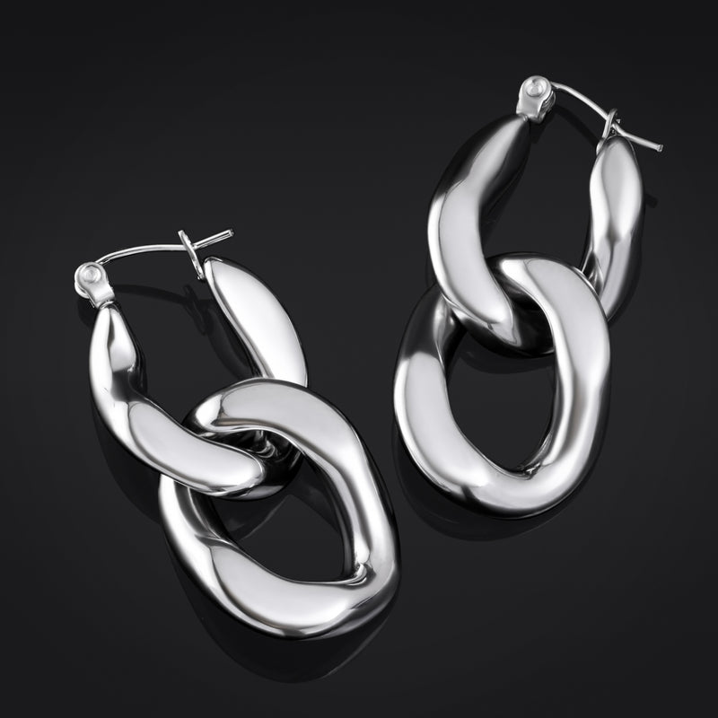 Boucles d'oreilles créoles argent, maillons de chaîne, acier inoxydable - paire