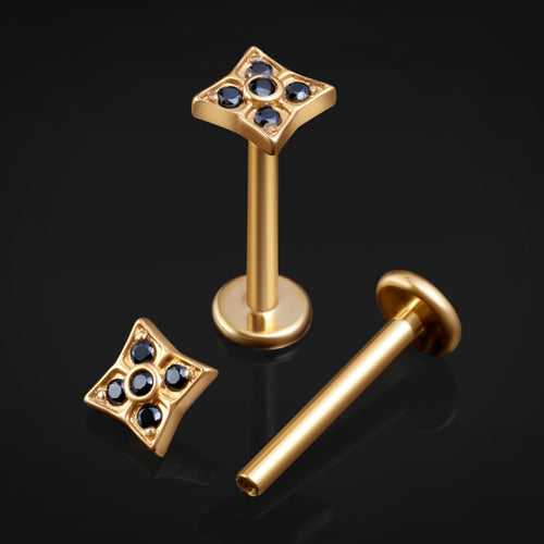 ASTM F136 Titanium, Gold, Geometric Quatrefoil, Black Cz Stone, Labret Stud