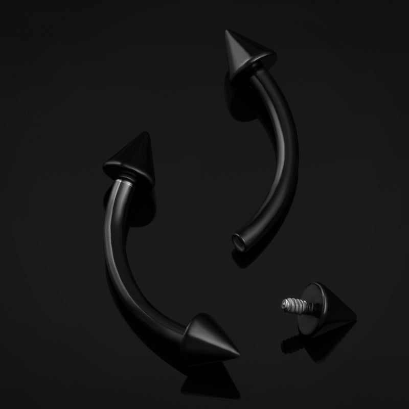 Curved Barbell, Black, Spiked, Internally Threaded, Titanium