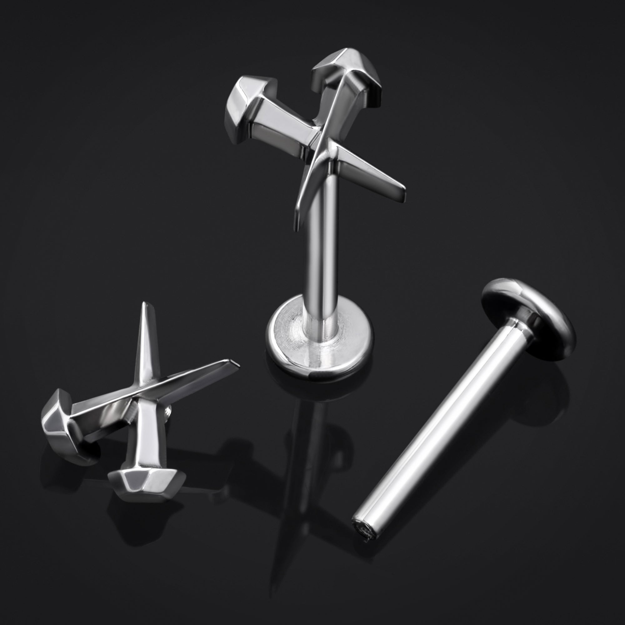 Labret Stud, Silver, Coffin Nails, Internally Threaded, Titanium, 1.2mm Gauge