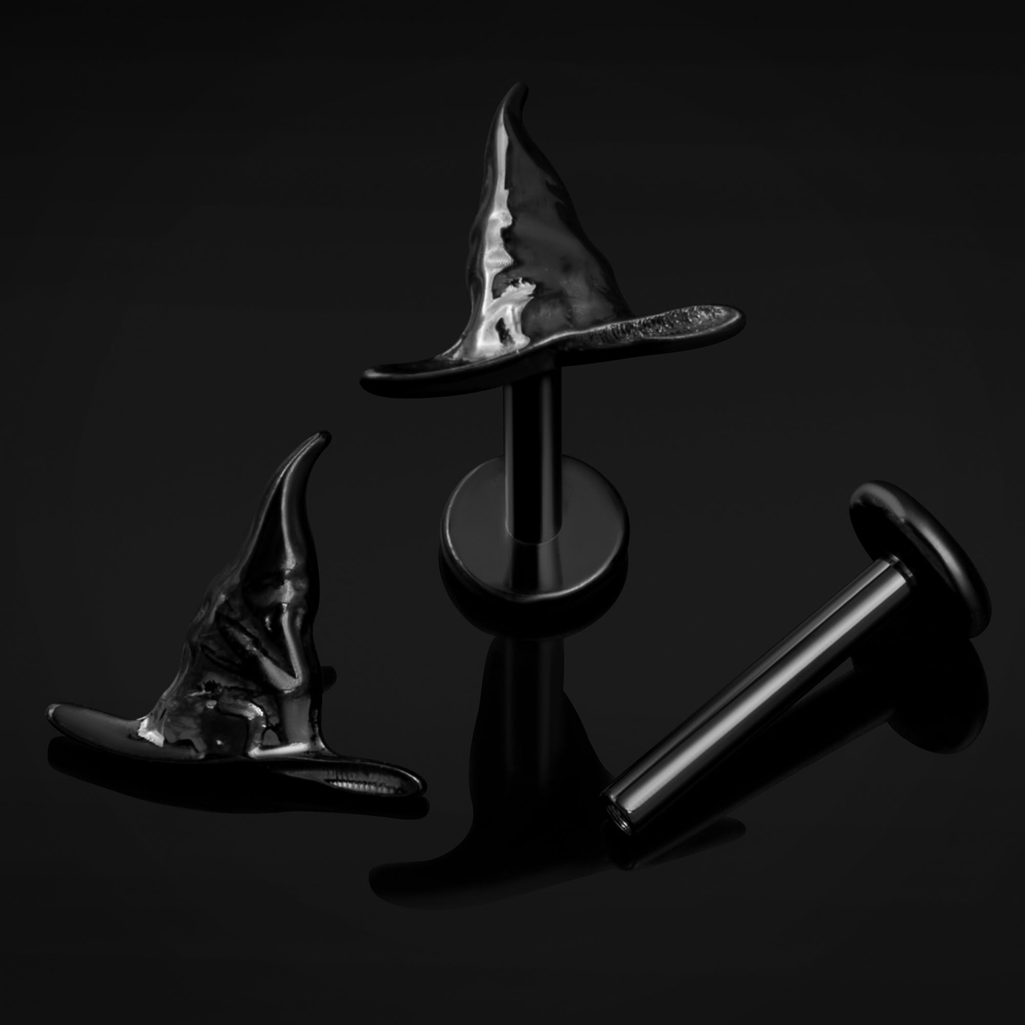 Black Witches Hat Internally Threaded Titanium Labret Stud 1.2mm Gauge