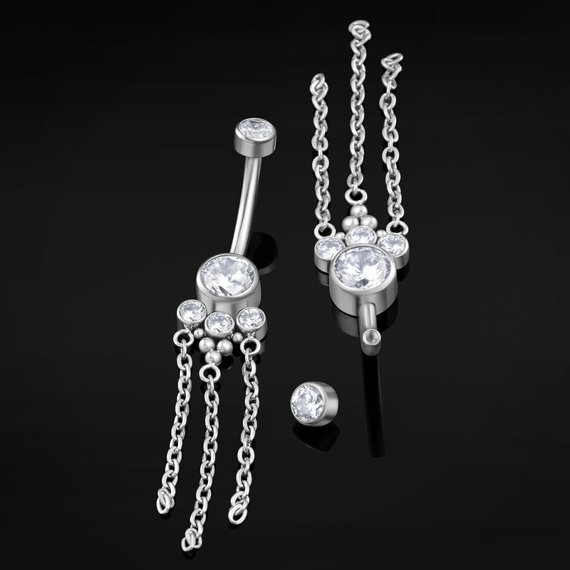 Piercing nombril, pendentif chaîne argentée sertie de strass, filetage interne, titane