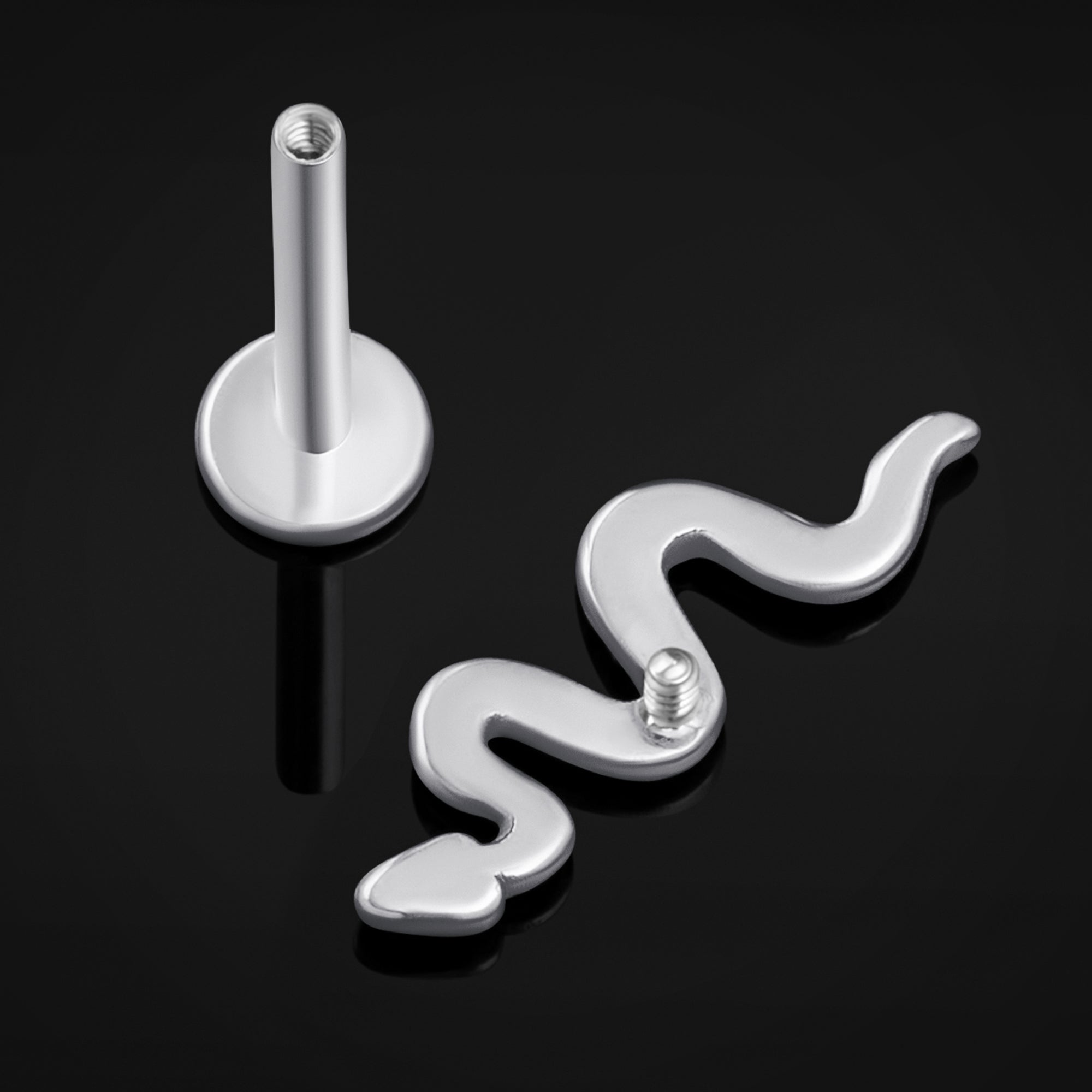 Labret Stud, Silver, Snake, Internally Threaded, Titanium, 1.2mm Gauge