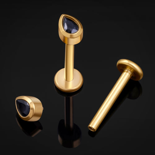 Gold Teardrop Black CZ Stone Internally Threaded Titanium Labret Stud 1.2mm Gauge
