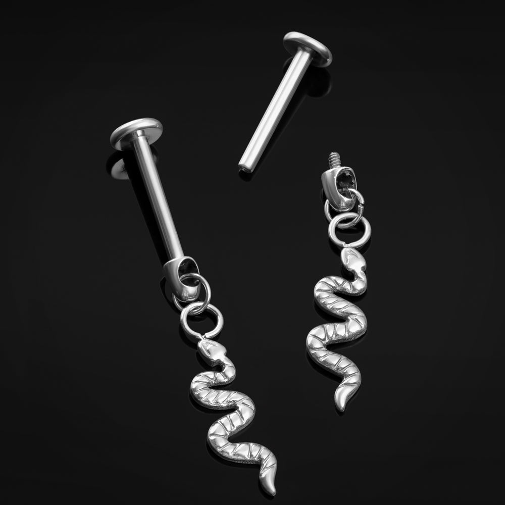 Titanium Internally Threaded Silver Snake Dangle Labret Stud 1.2mm Gauge - Internally Threaded Titanium Silver Snake Dangle Labret Piercing - 8mm/10mm Internally Threaded / Alternative Jewellery / Lip / Nose / Ear  